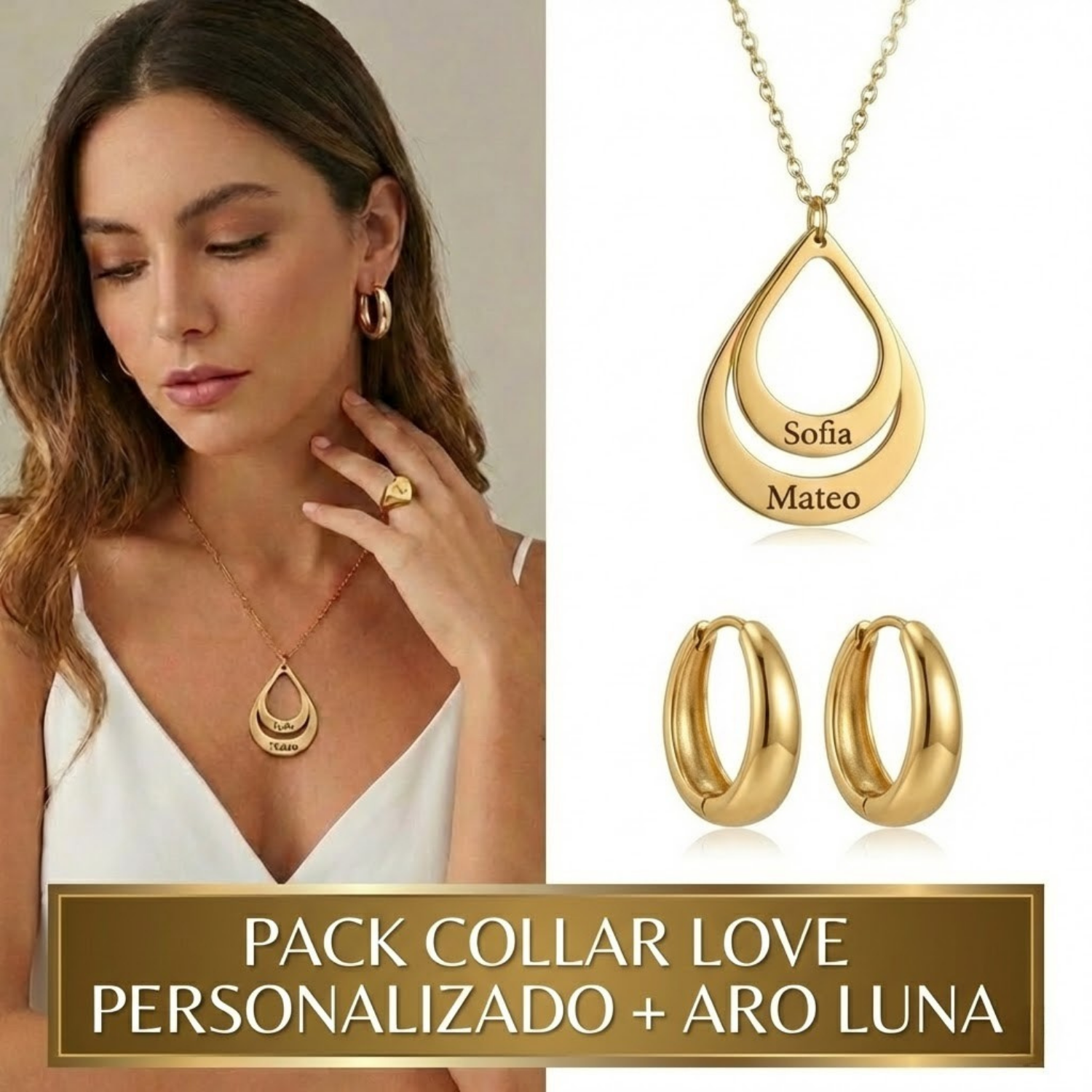 Conjunto Collar Personalizado Love + Aro Luna