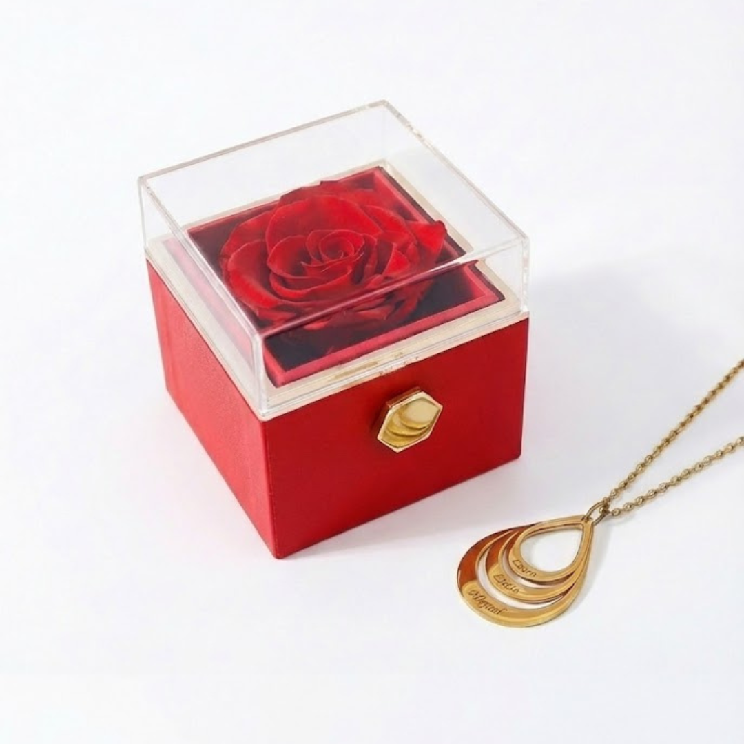 Caja Rosa Real Preservada + Collar Personalizado "Love"