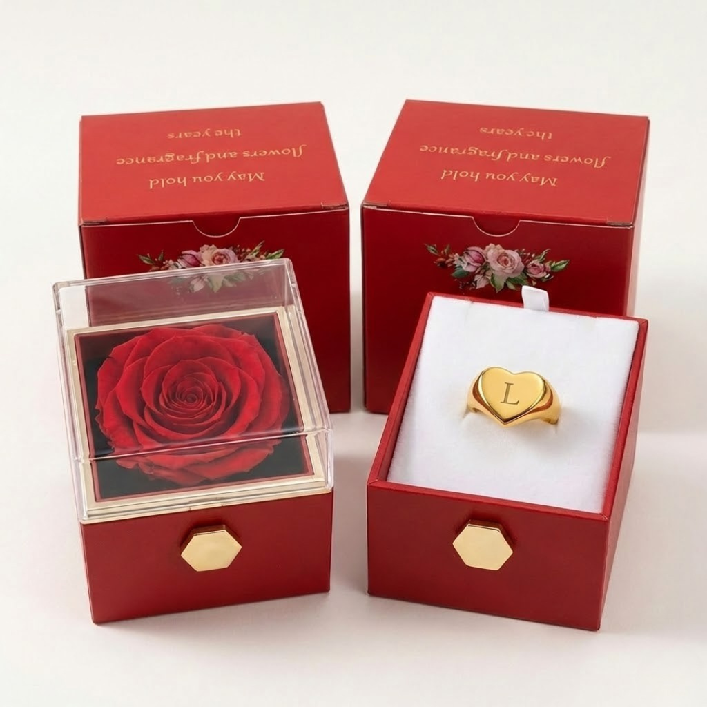 Caja Rosa Real Preservada + Anillo Personalizado "Corazón"