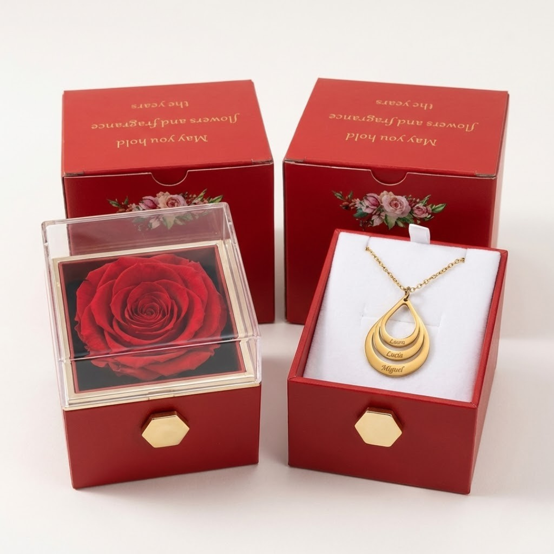 Caja Rosa Real Preservada + Collar Personalizado "Love"