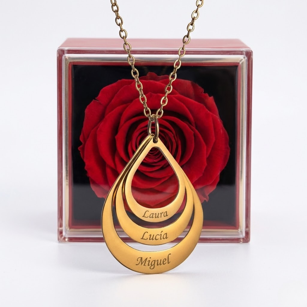 Caja Rosa Real Preservada + Collar Personalizado "Love"