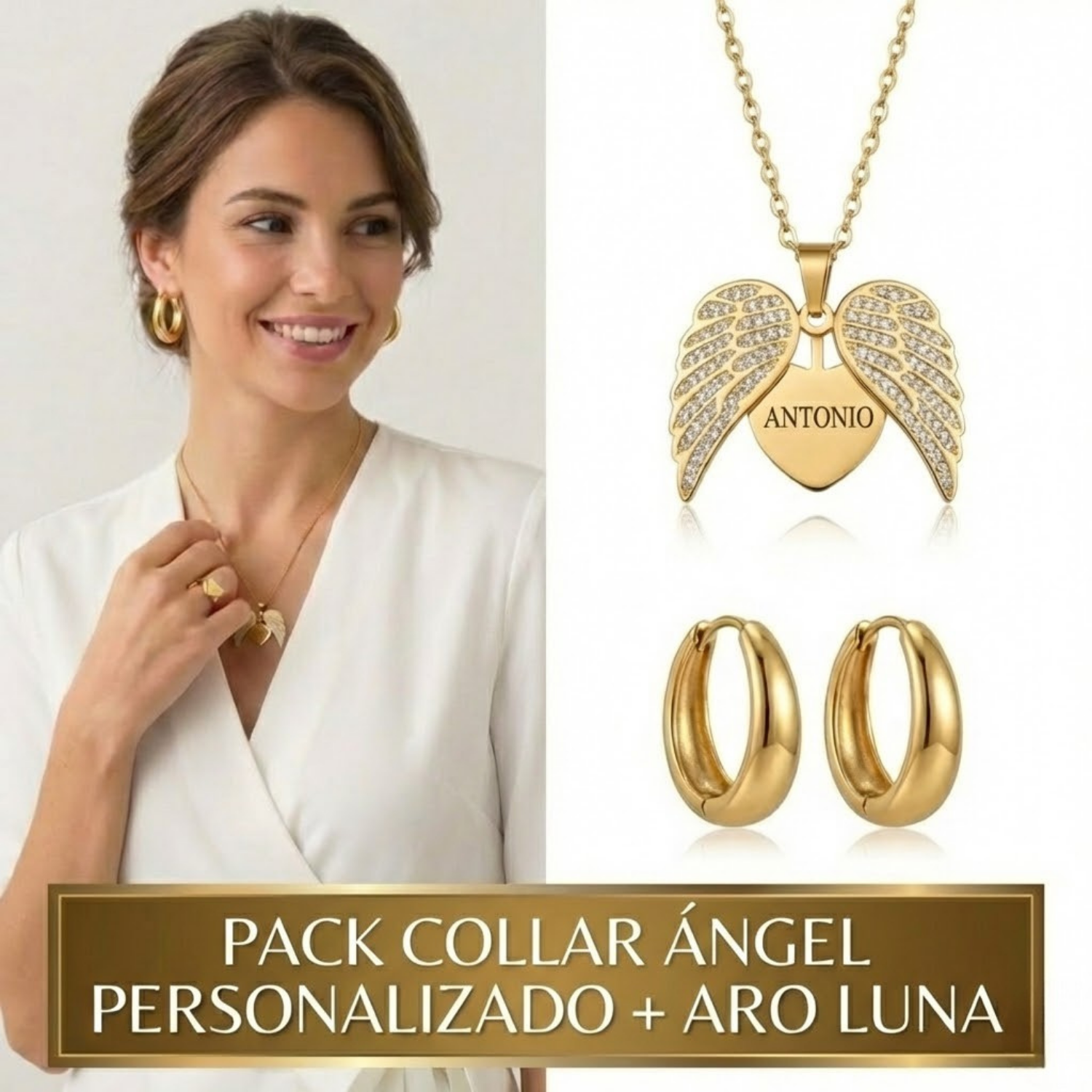 Conjunto Collar Personalizado Ángel + Aro Luna