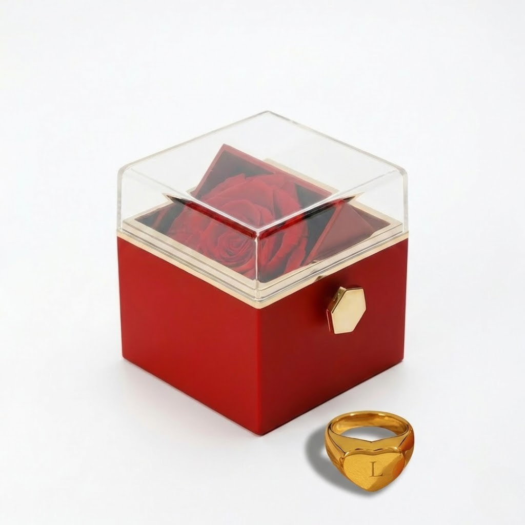 Caja Rosa Real Preservada + Anillo Personalizado "Corazón"