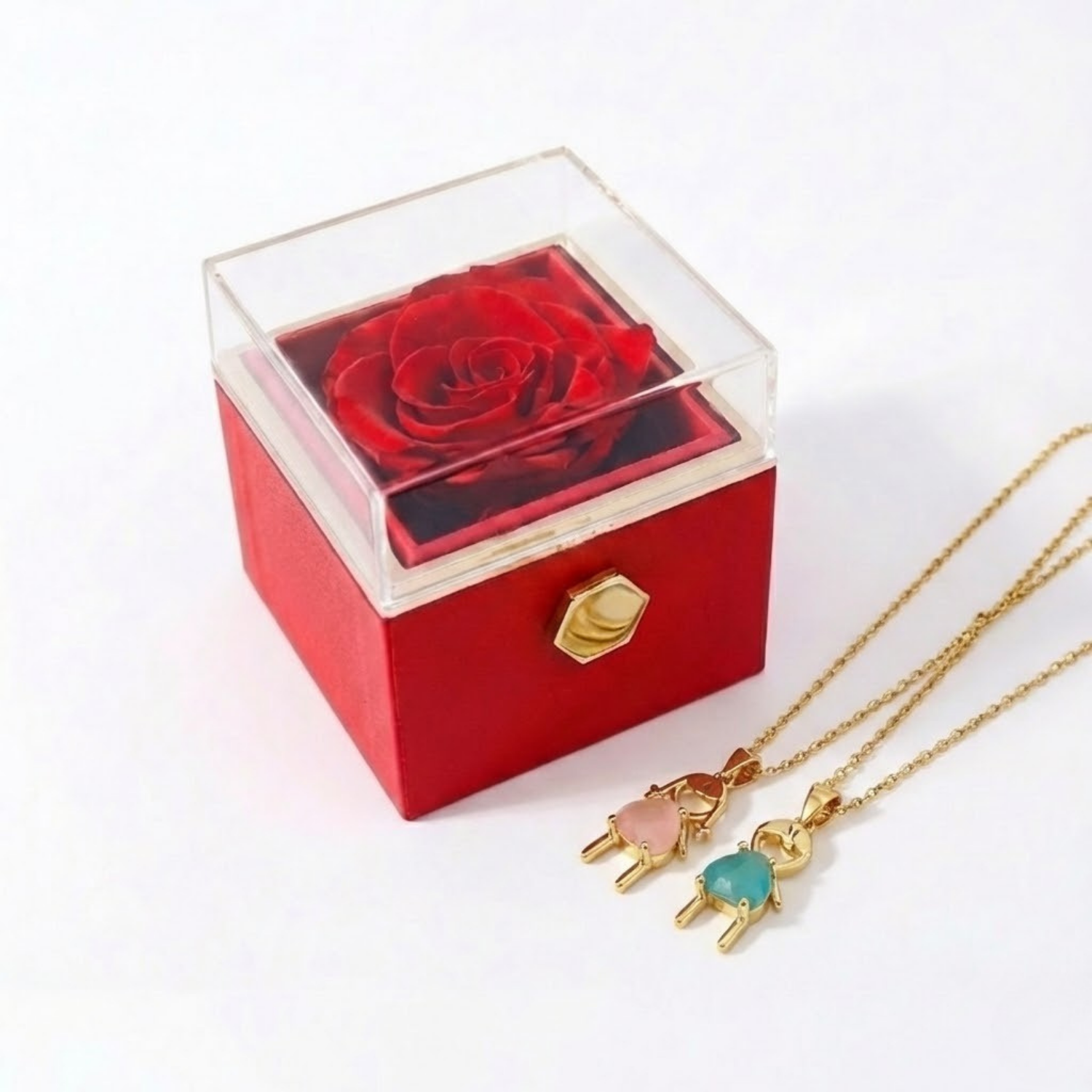 Caja Rosa Real Preservada + Collar Personalizado "Mi Familia"