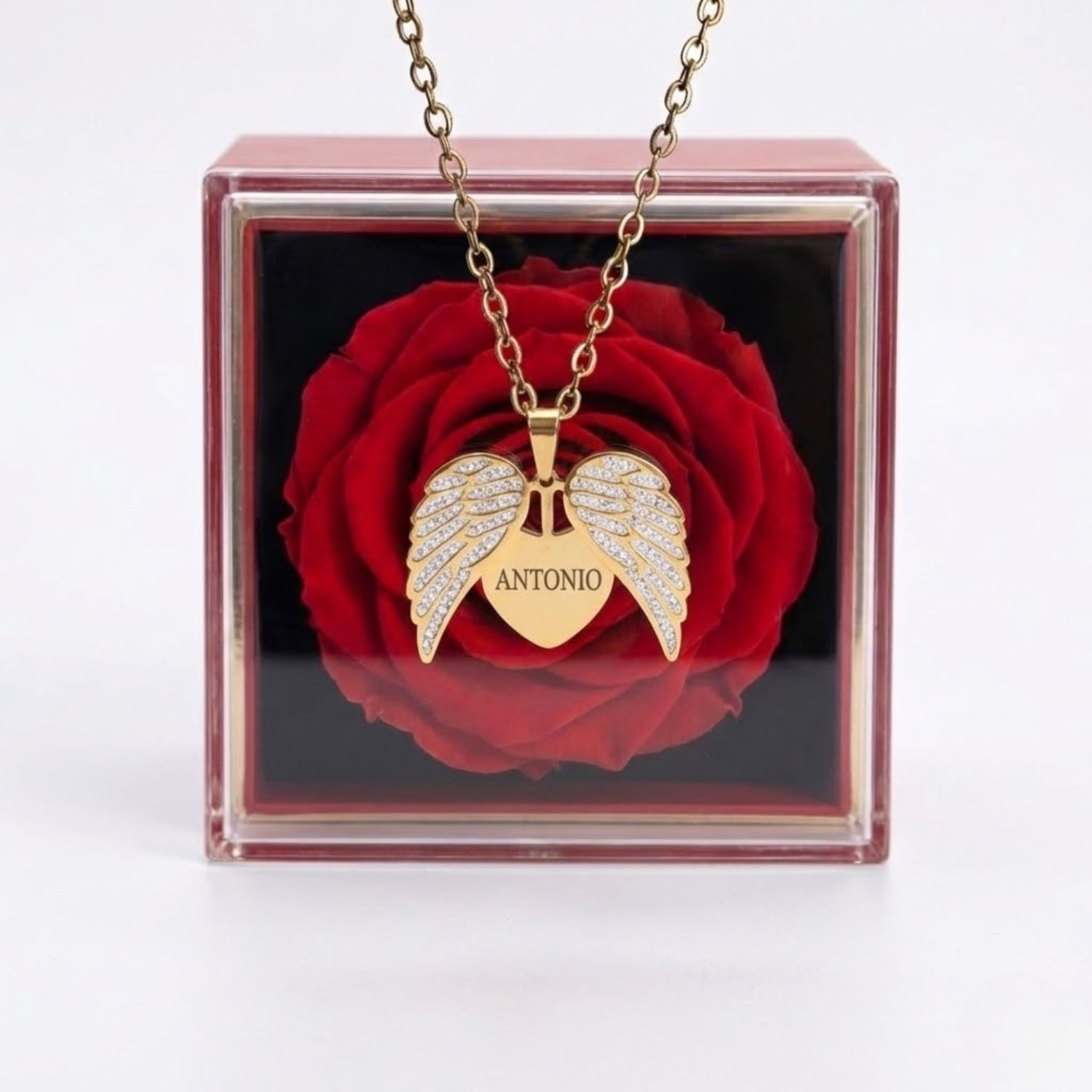 Caja Rosa Real Preservada + Collar Personalizado "Mi Ángel"