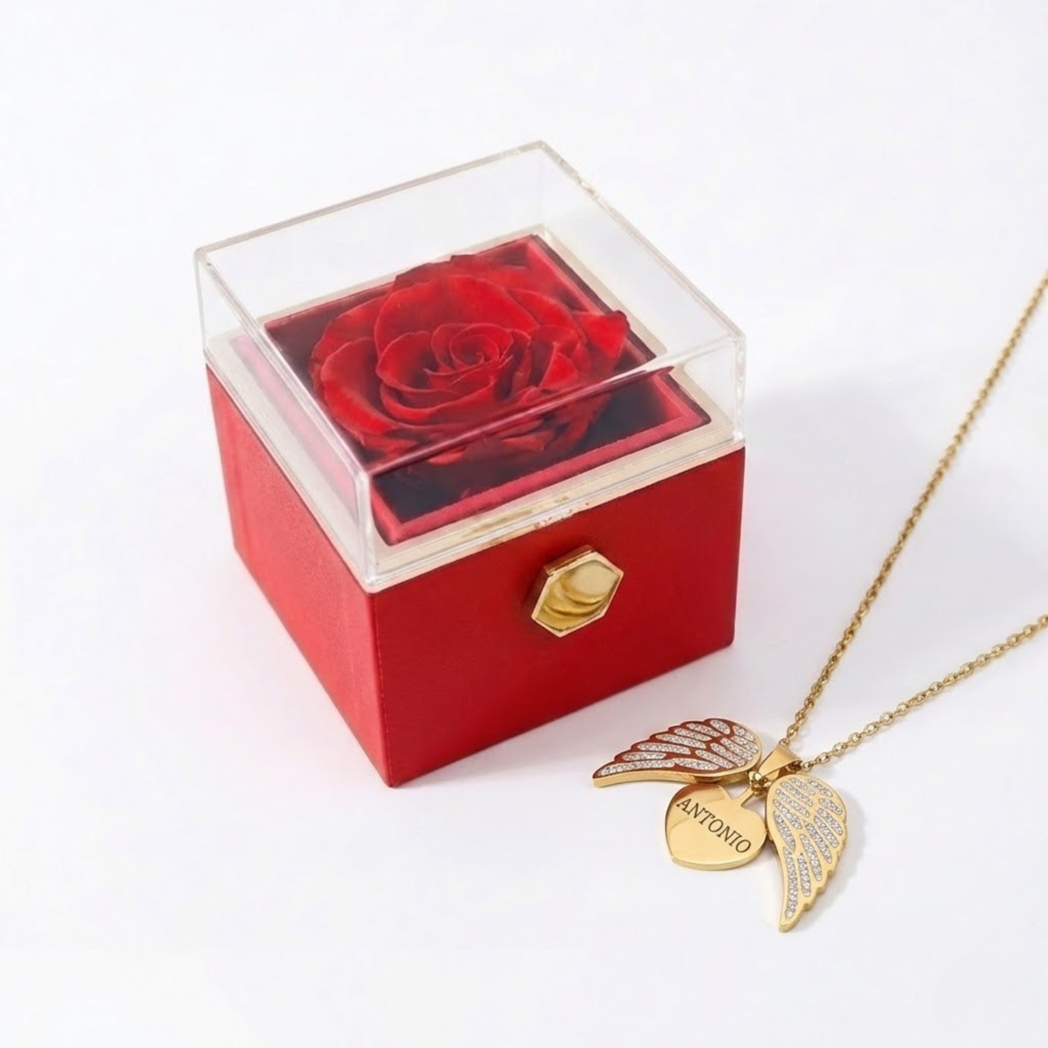 Caja Rosa Real Preservada + Collar Personalizado "Mi Ángel"