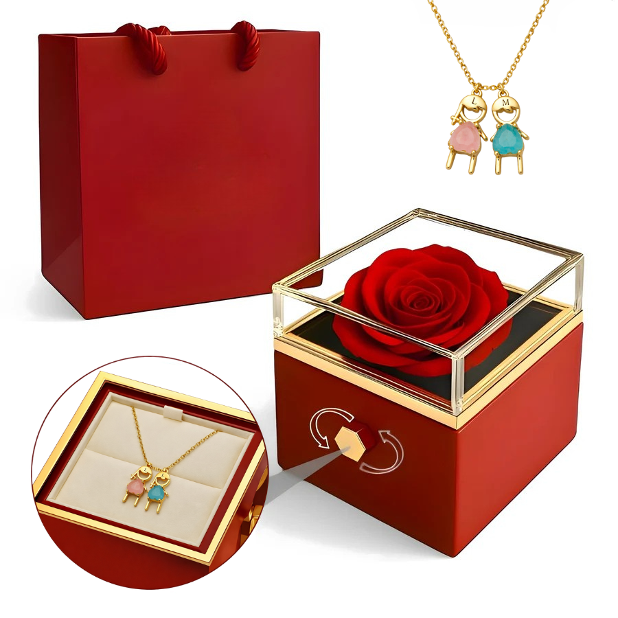 Caja Rosa Real Preservada + Collar Personalizado "Mi Familia"