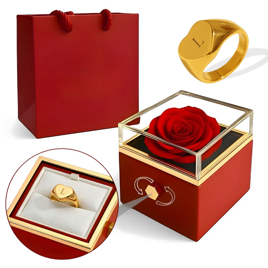 Caja Rosa Real Preservada + Anillo Personalizado "Corazón"