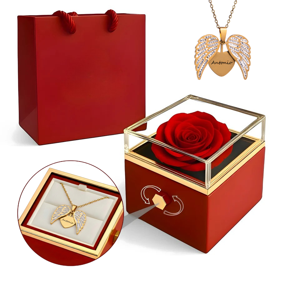 Caja Rosa Real Preservada + Collar Personalizado "Mi Ángel"