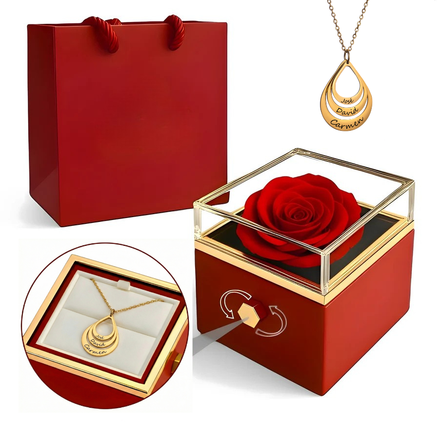 Caja Rosa Real Preservada + Collar Personalizado "Love"